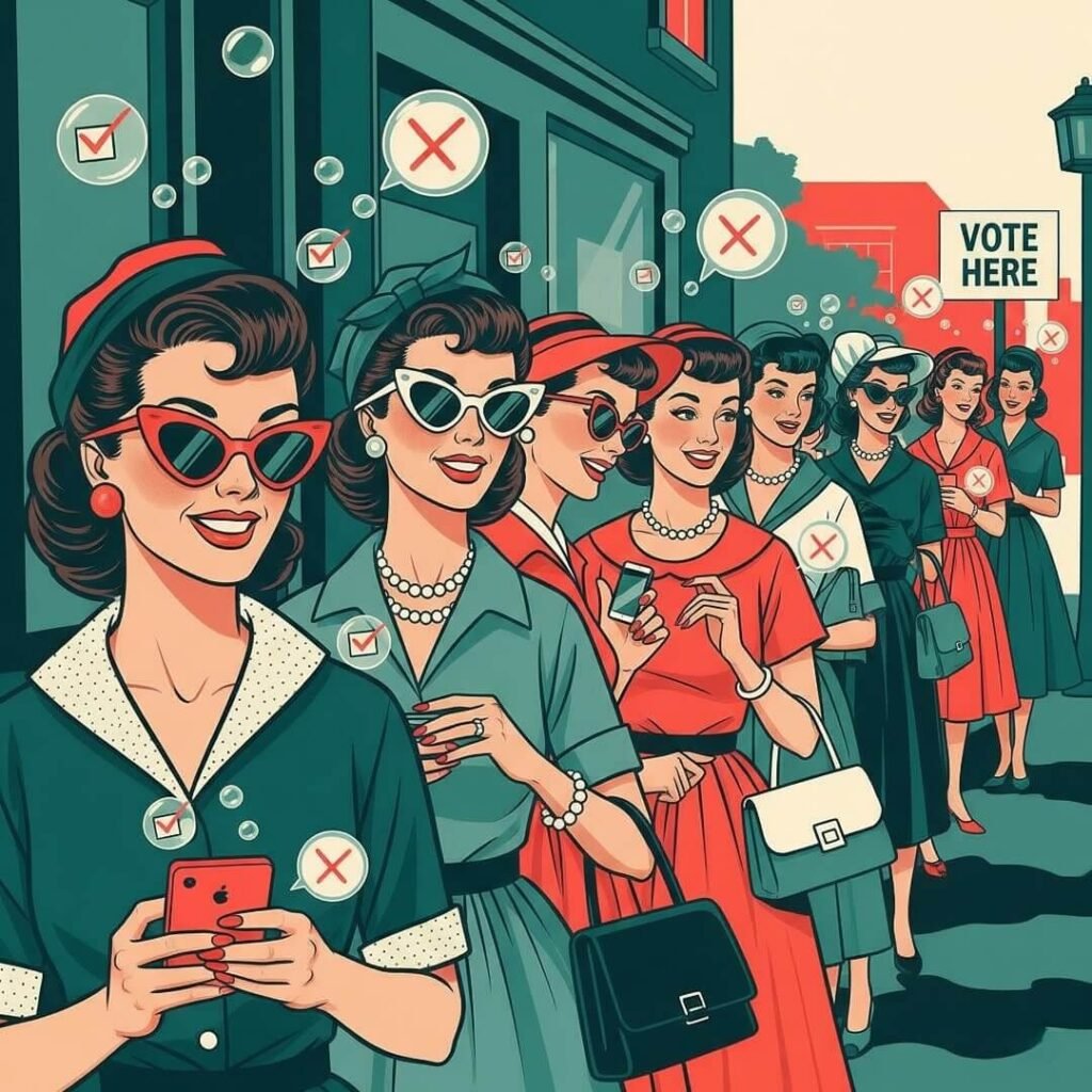 A vintage illustration of women in line to vote with modern accessories.