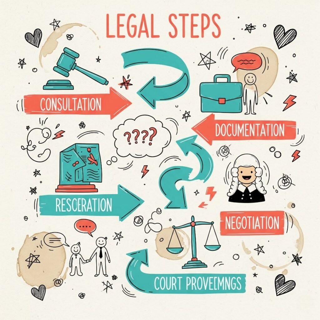 A doodle-heavy infographic of legal steps with coffee stains and hearts.