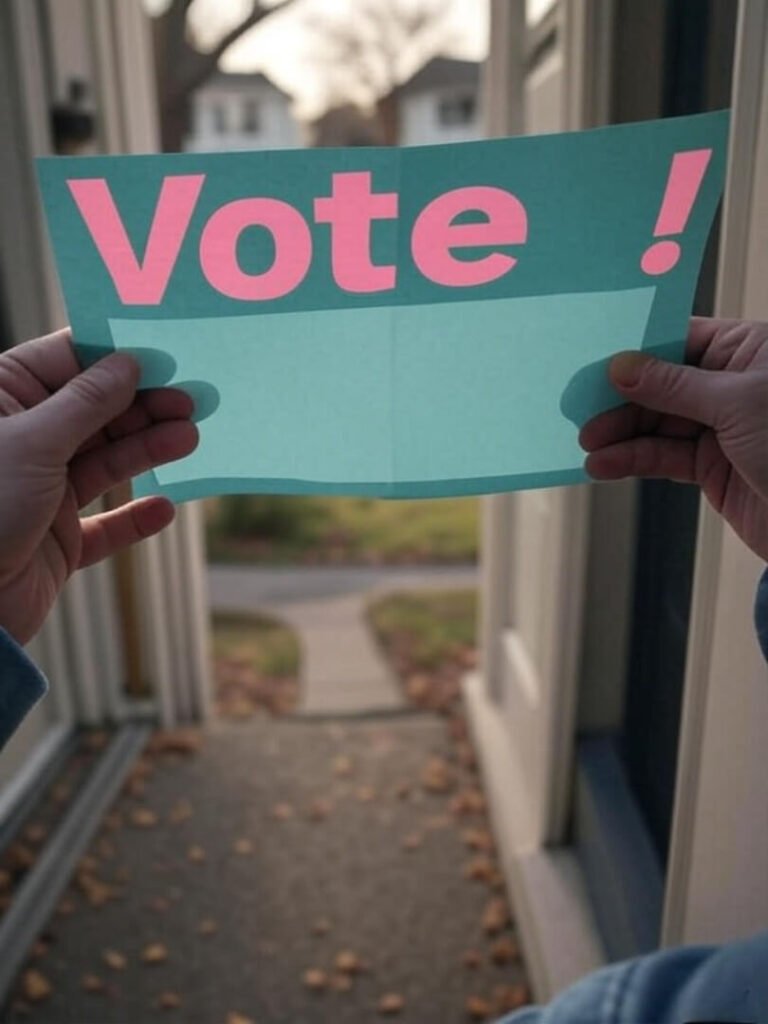 Shaky hands hold campaign flyer at doorstep with goofy "Vote!" sign.
