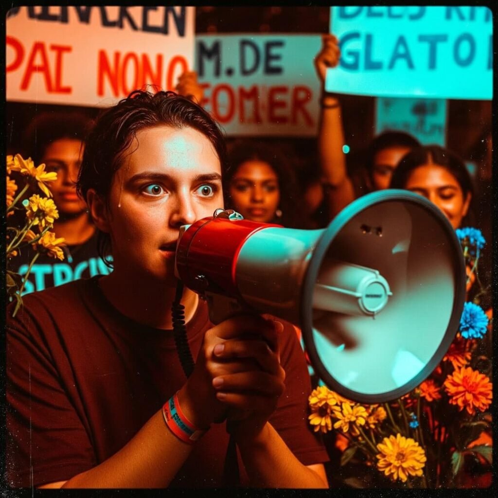 Grainy vintage photo of person with megaphone at rally, looking hyped but anxious.