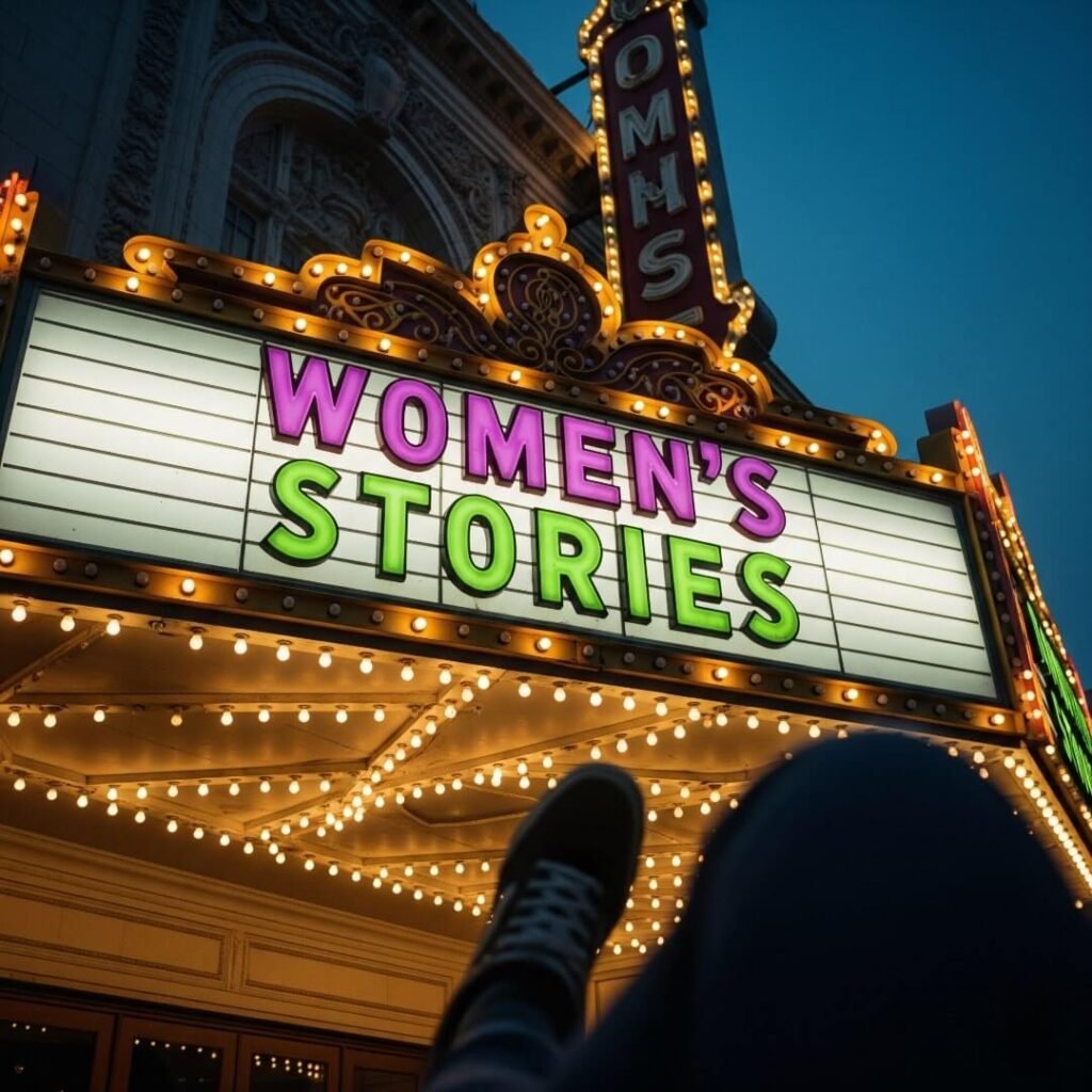Vintage movie marquee shot from curb, flickering "Women's Stories" in magenta and green.