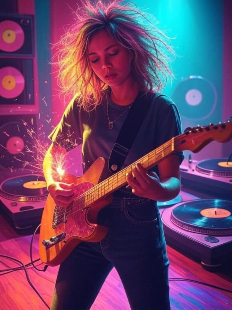 Rockstar woman shreds guitar with pink-teal sparks, vinyl records spin behind.