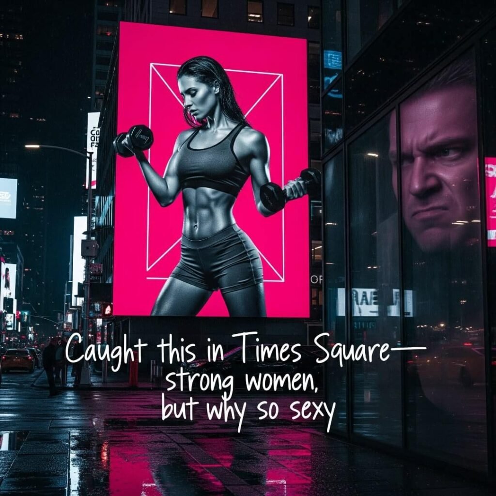 "Billboard of woman lifting weights, reflected annoyed face, and neon pink."