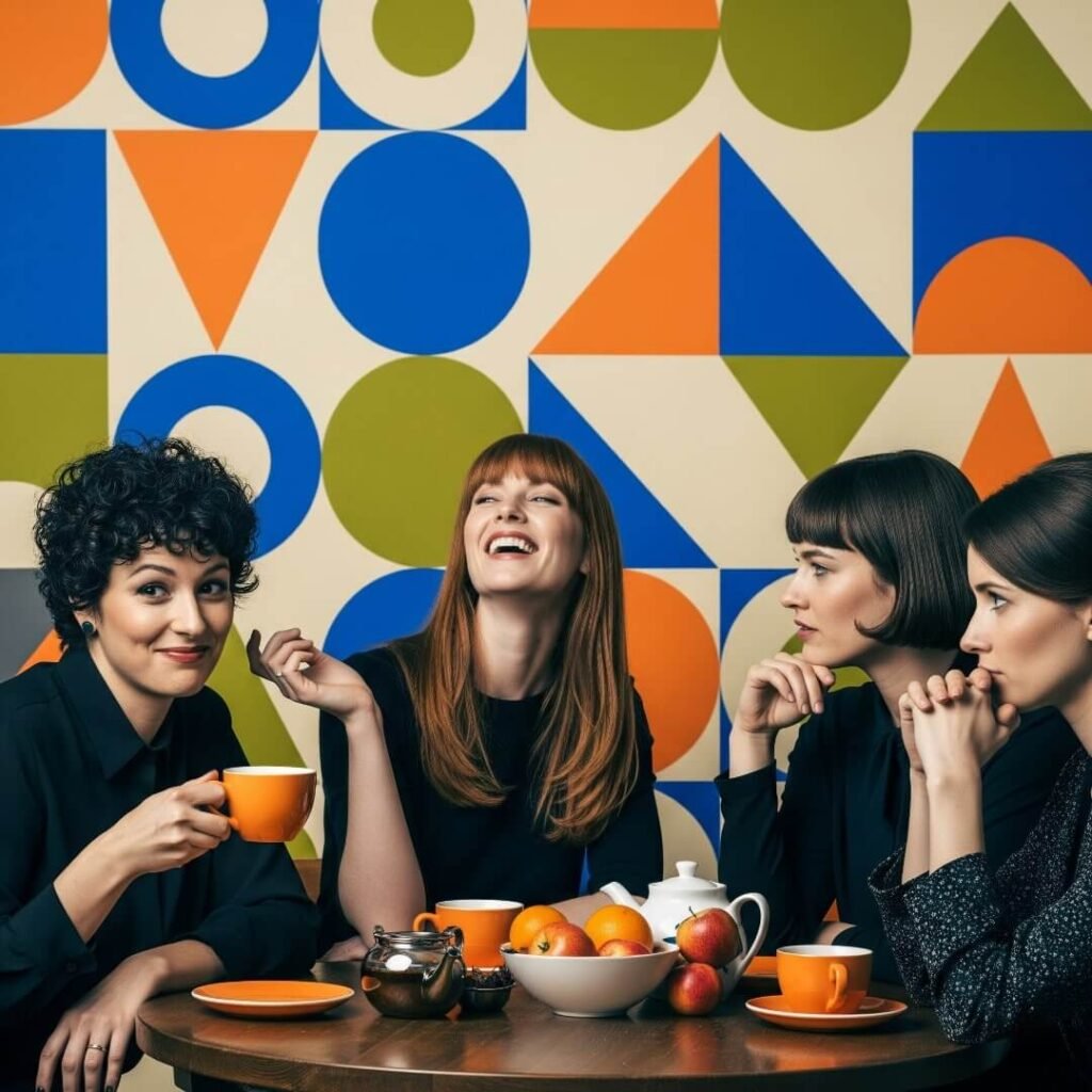 A group of women chatting at a table with bold geometric patterns behind them.