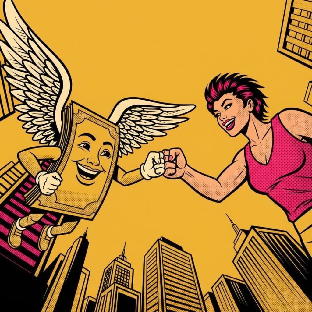 Bold, cartoon-style illustration: woman fist-bumping a winged dollar bill over a city.