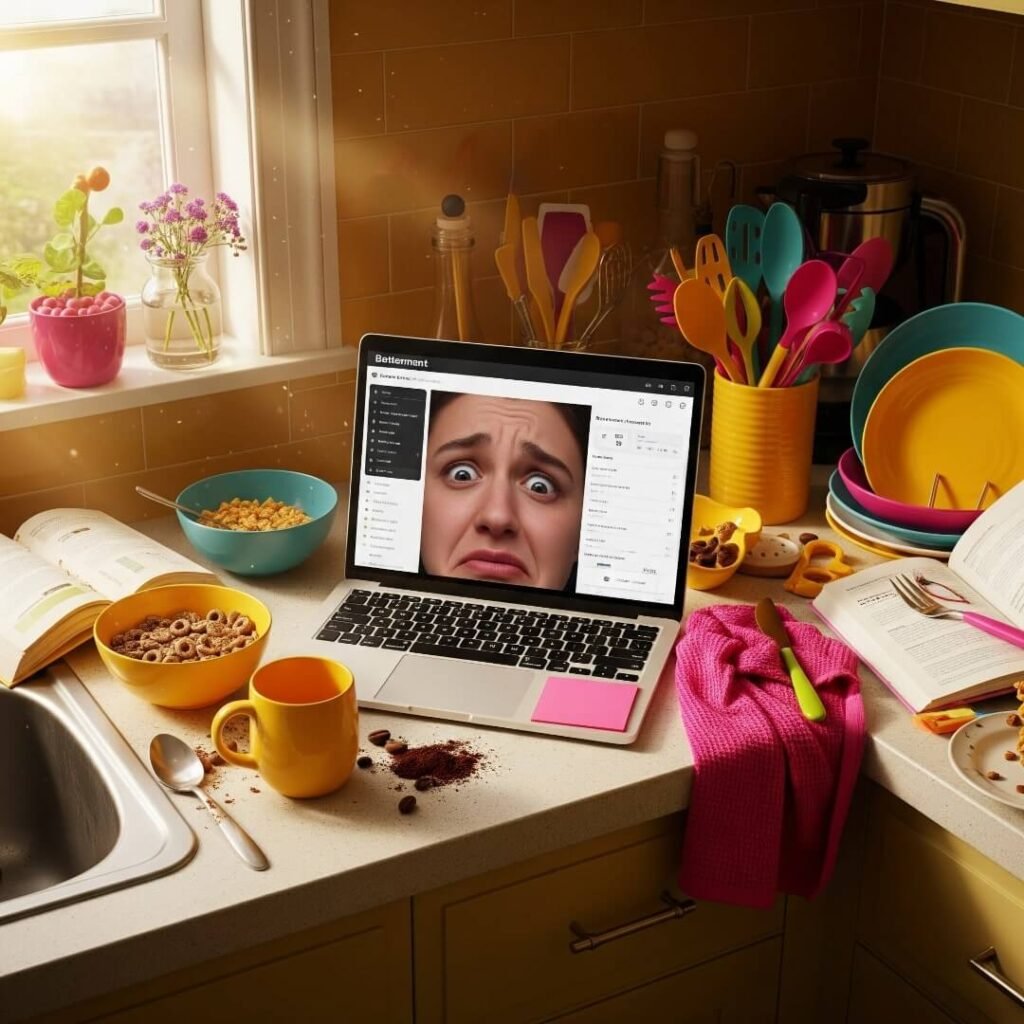 Laptop showing Betterment app and stressed face on cluttered kitchen counter.