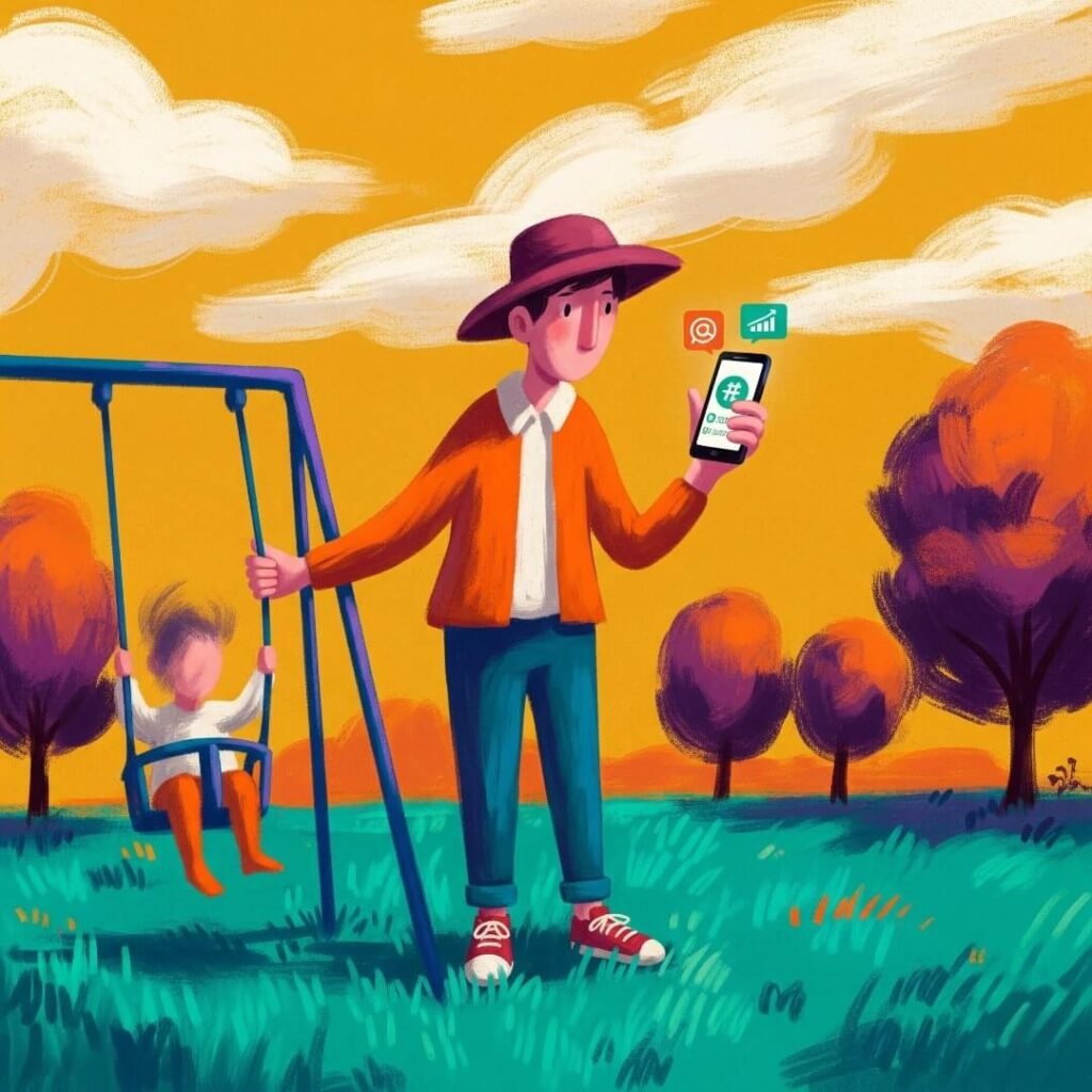 Playful digital painting of a person pushing a swing and checking a finance app.