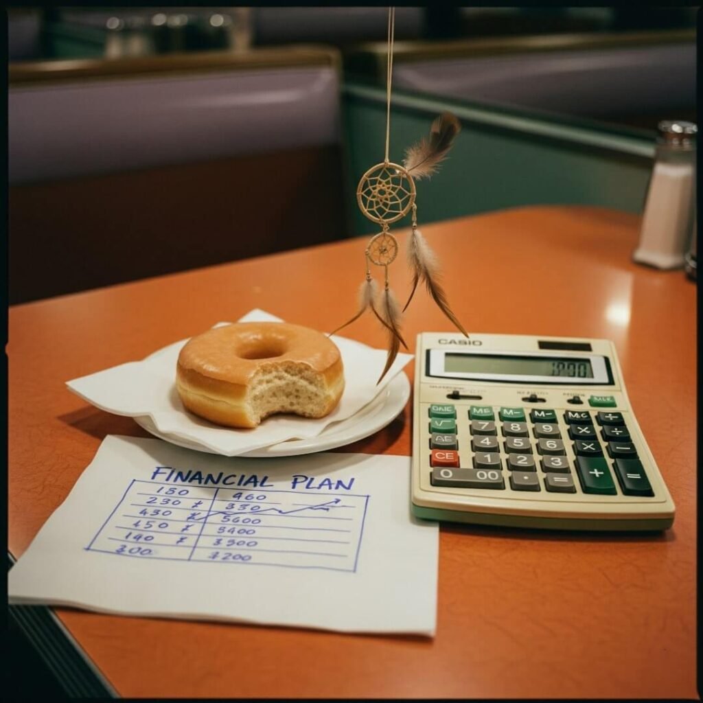 Retro diner table: financial plan on napkin, donut, calculator, dreamcatcher.