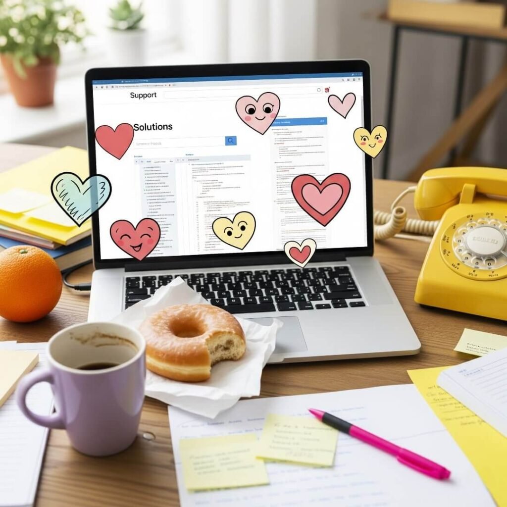 A cluttered desk with a laptop, a donut, a yellow phone, and cartoon hearts.