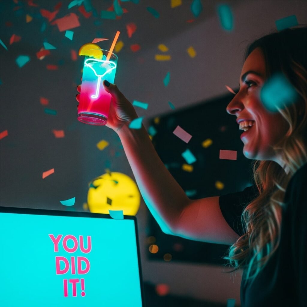 A woman happily toasts with a neon mocktail, confetti flying around her.