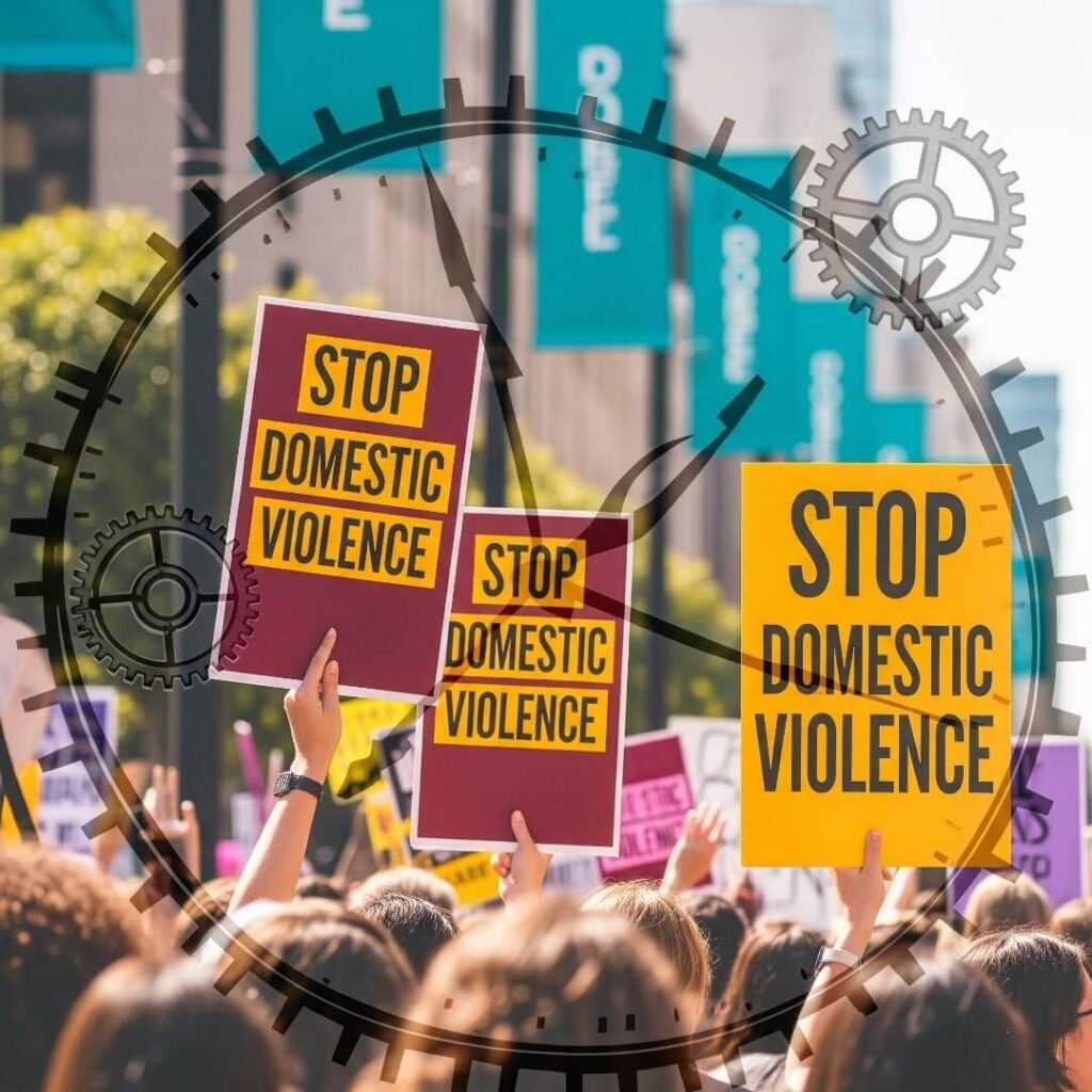 A blurry image of a protest against domestic violence with signs and banners.