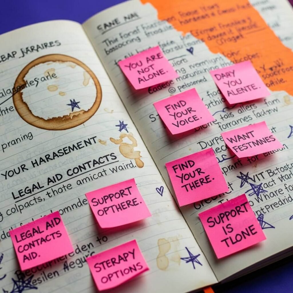 A photorealistic journal page with handwritten notes, coffee stain, and pink sticky notes.