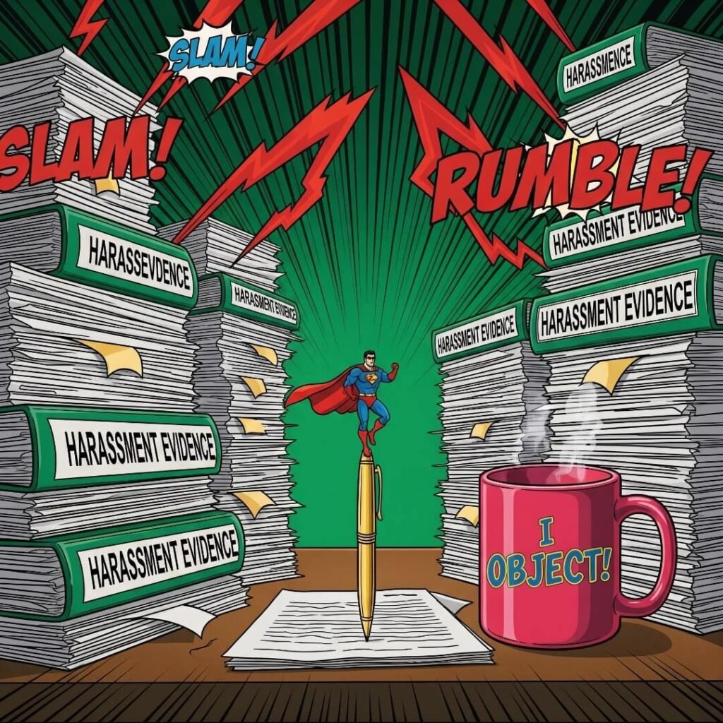 A comic book drawing of a lawyer's desk with files, a mug, and a tiny superhero.