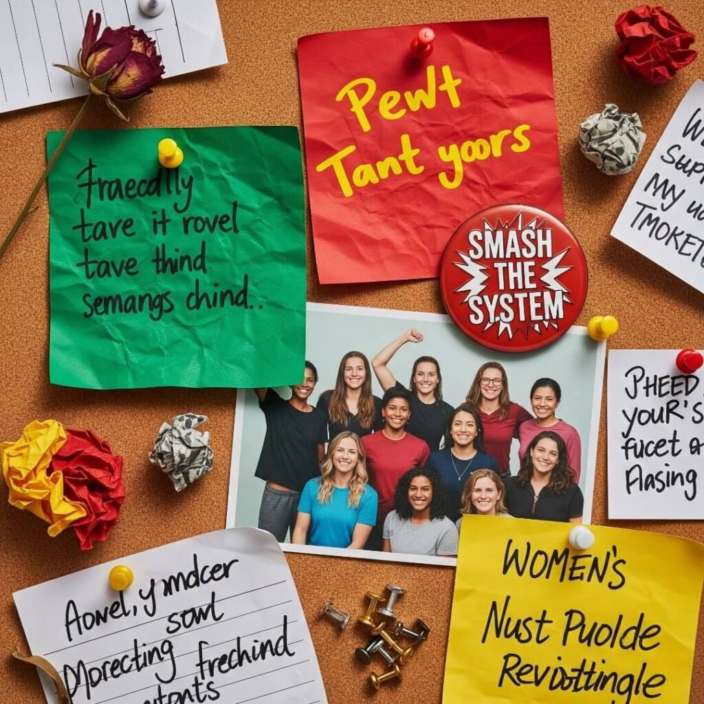 An overhead view of a cluttered bulletin board with handwritten notes and a "Smash the System" pin.
