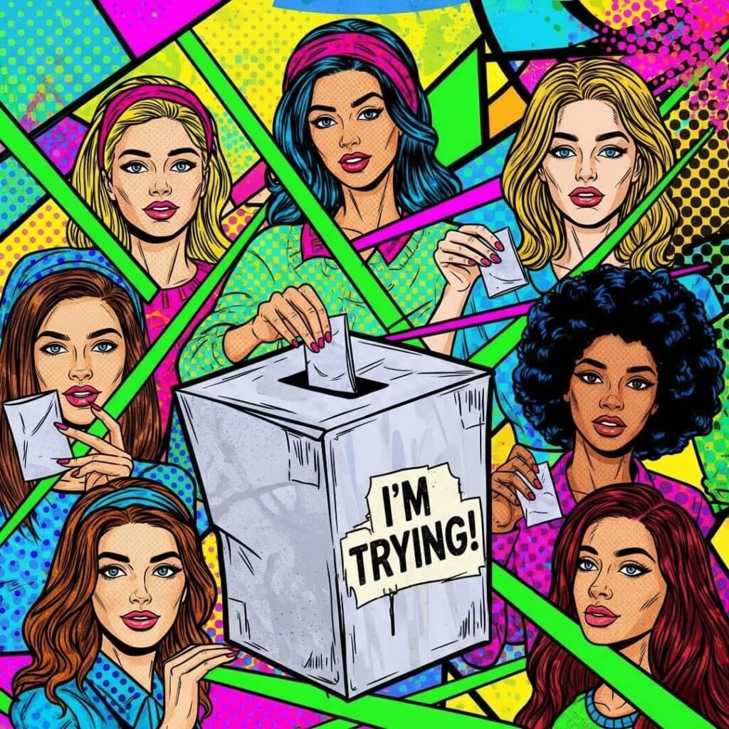 A pop-art illustration of diverse women voting with neon lines.