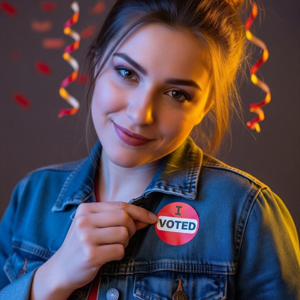 A photorealistic close-up of a young woman with a messy bun, grinning as she puts on an "I Voted" sticker.