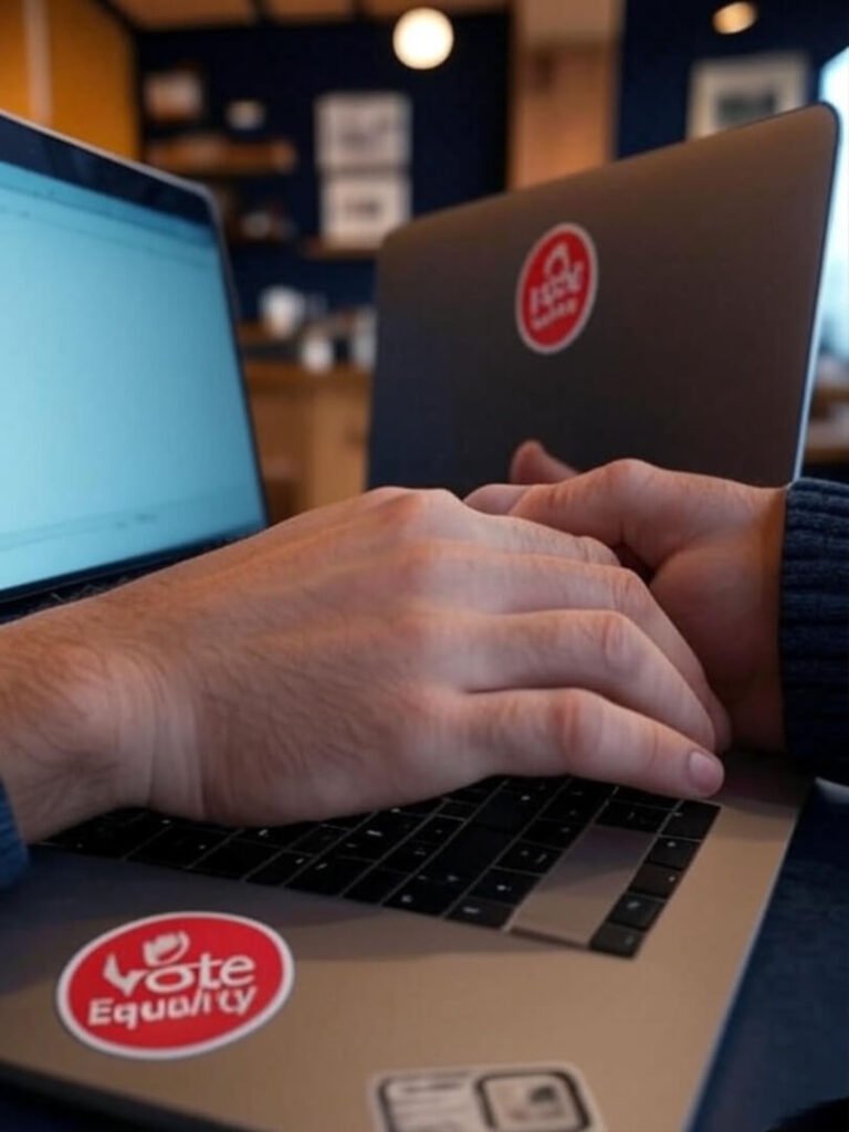 Hands smashing laptop keys in cozy coffee shop, "Vote Equality" sticker, mustard and navy tones.