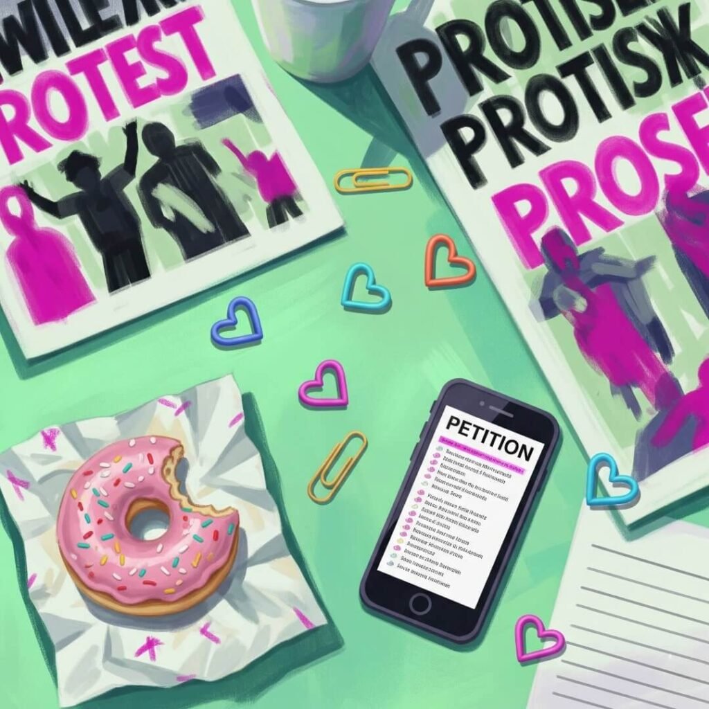 Impressionistic digital painting of a messy desk with protest flyers and a donut.