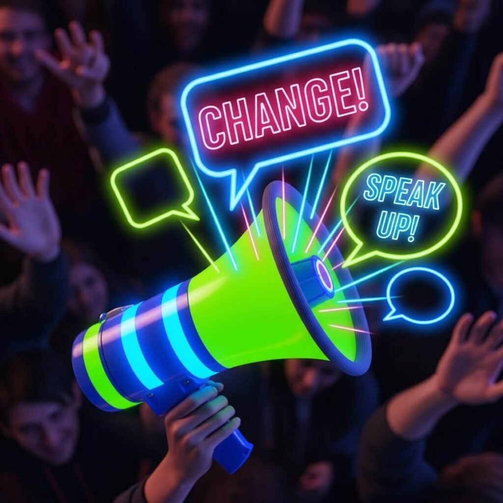A neon megaphone blasting "Change!" and "Speak Up!" speech bubbles.