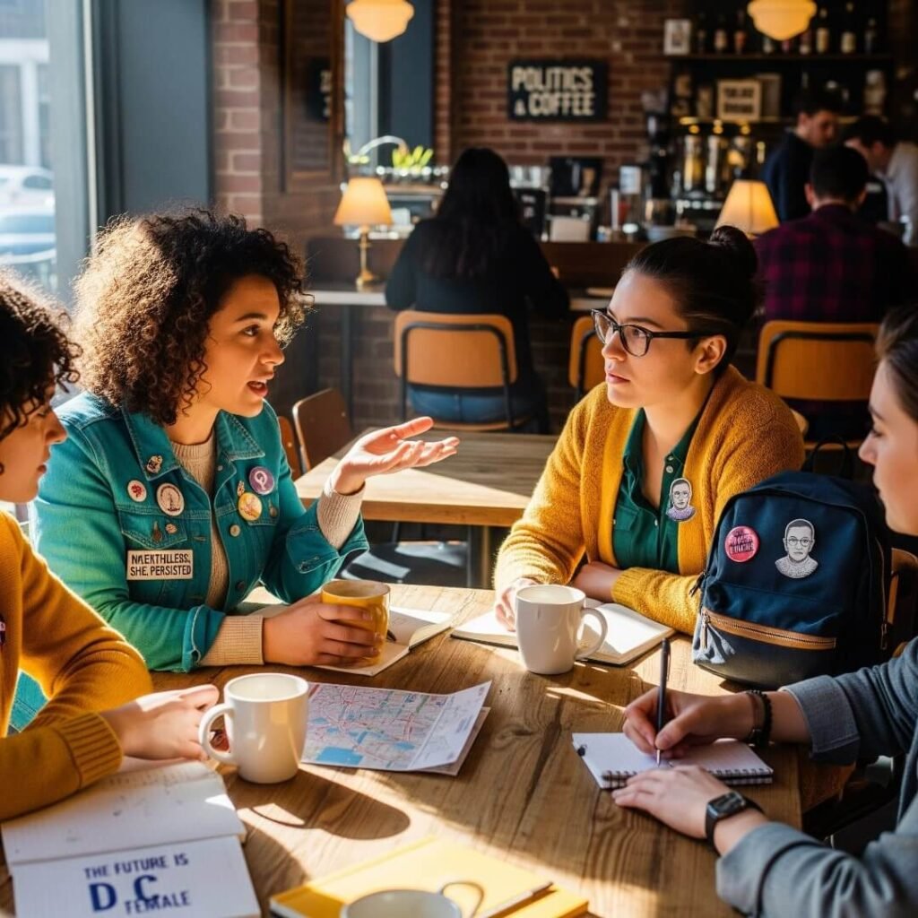 A dreamy, photorealistic shot of friends in a DC coffee shop with feminist pins.