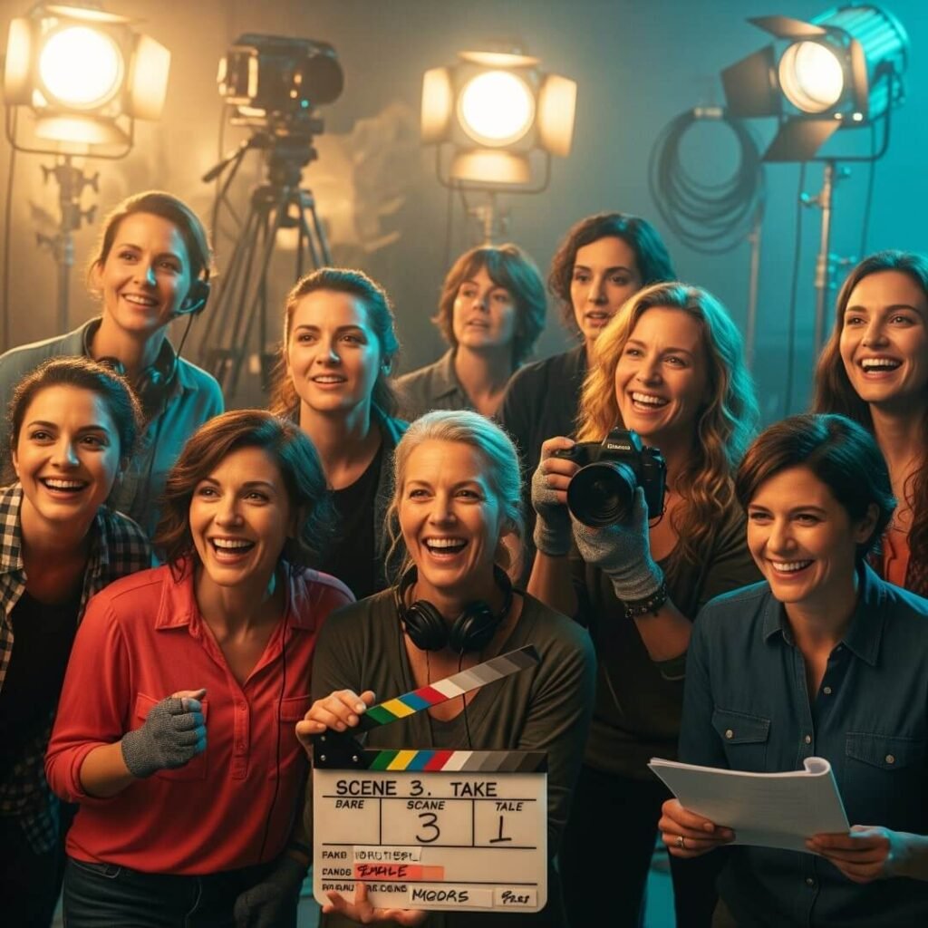 A diverse crew of laughing women on a film set with a clapperboard.