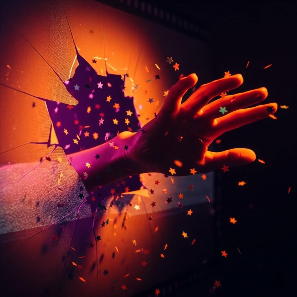 Surreal image of a hand breaking through a film screen, with star confetti.
