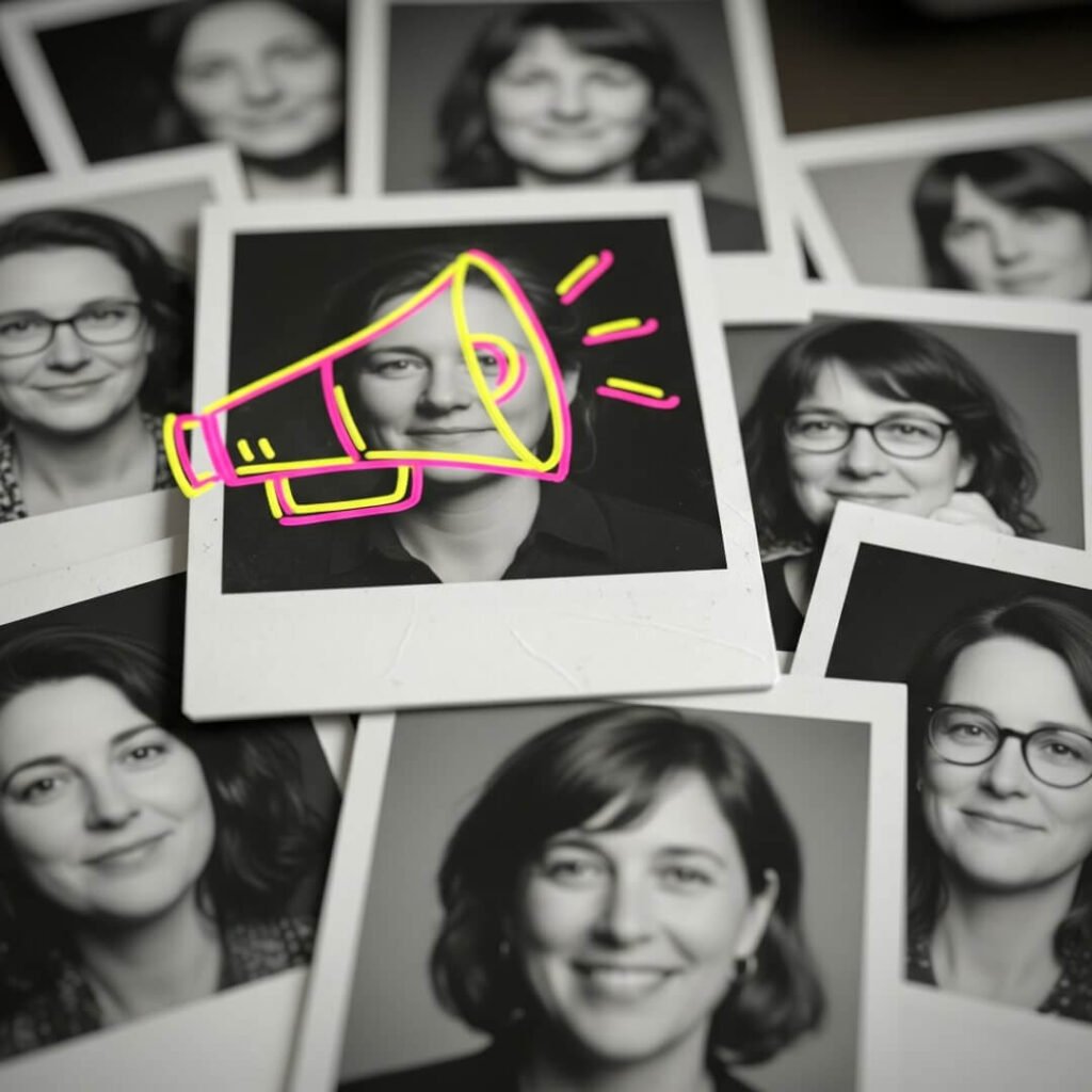 A stack of blurry polaroids with women's faces, with a neon megaphone doodle.