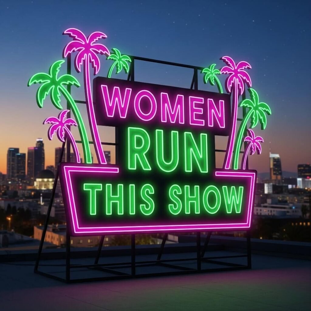 A neon sign in an LA skyline with "Women Run This Show" on it.