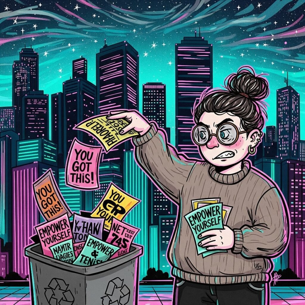 A cartoon sketch of a person with a messy bun throwing empowerment flyers into a bin.