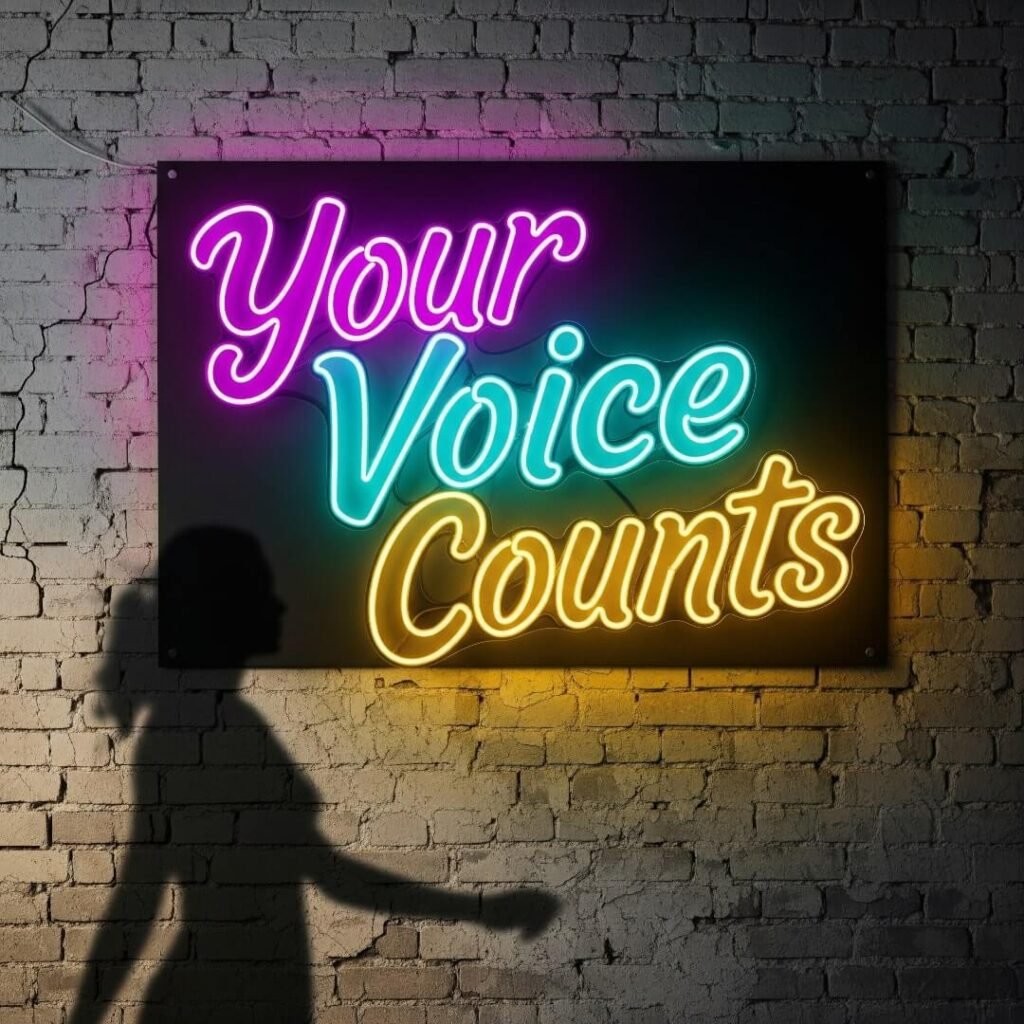 A neon sign on a brick wall says "Your Voice Counts," with a passing shadow.