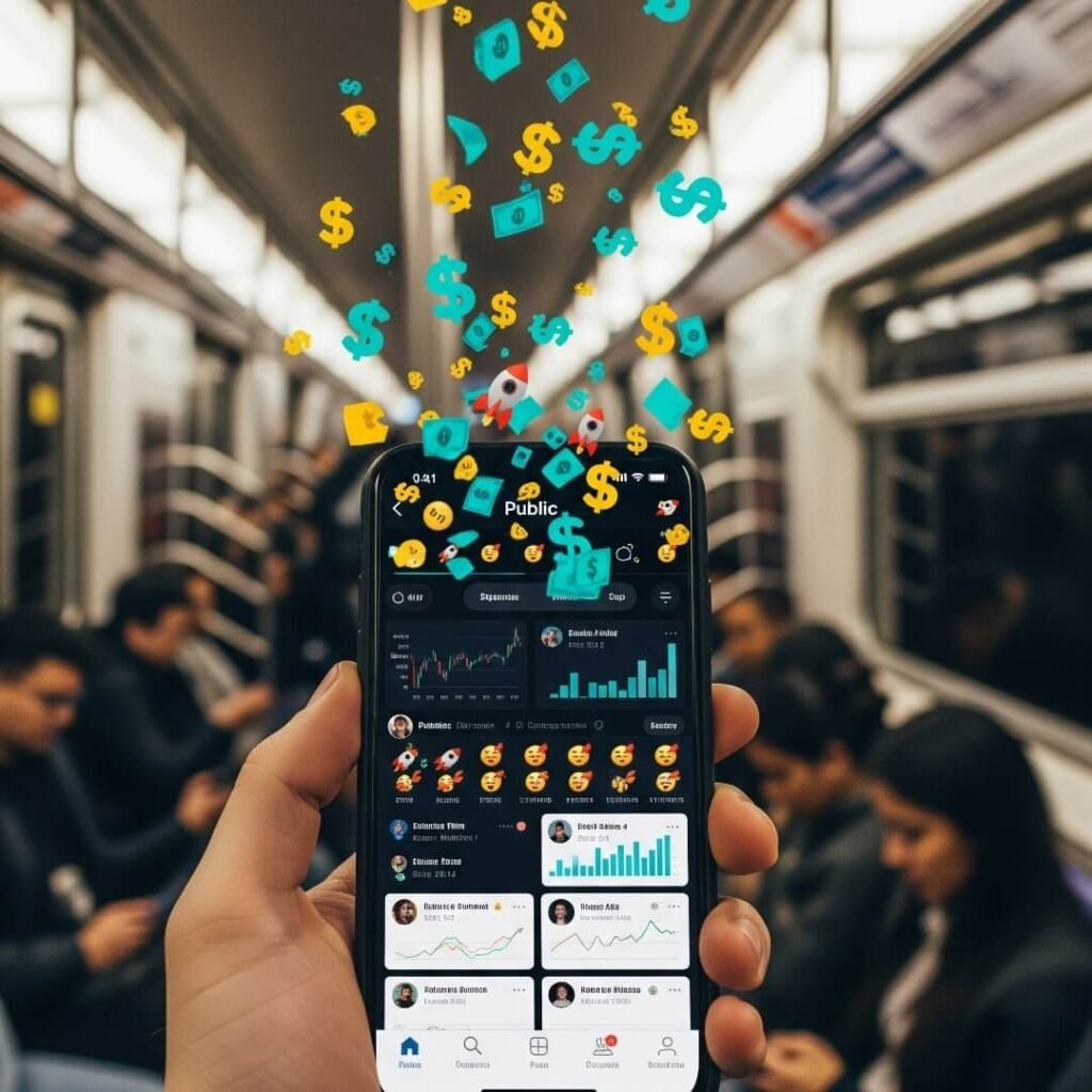Phone displaying Public app with charts and emojis in a subway.