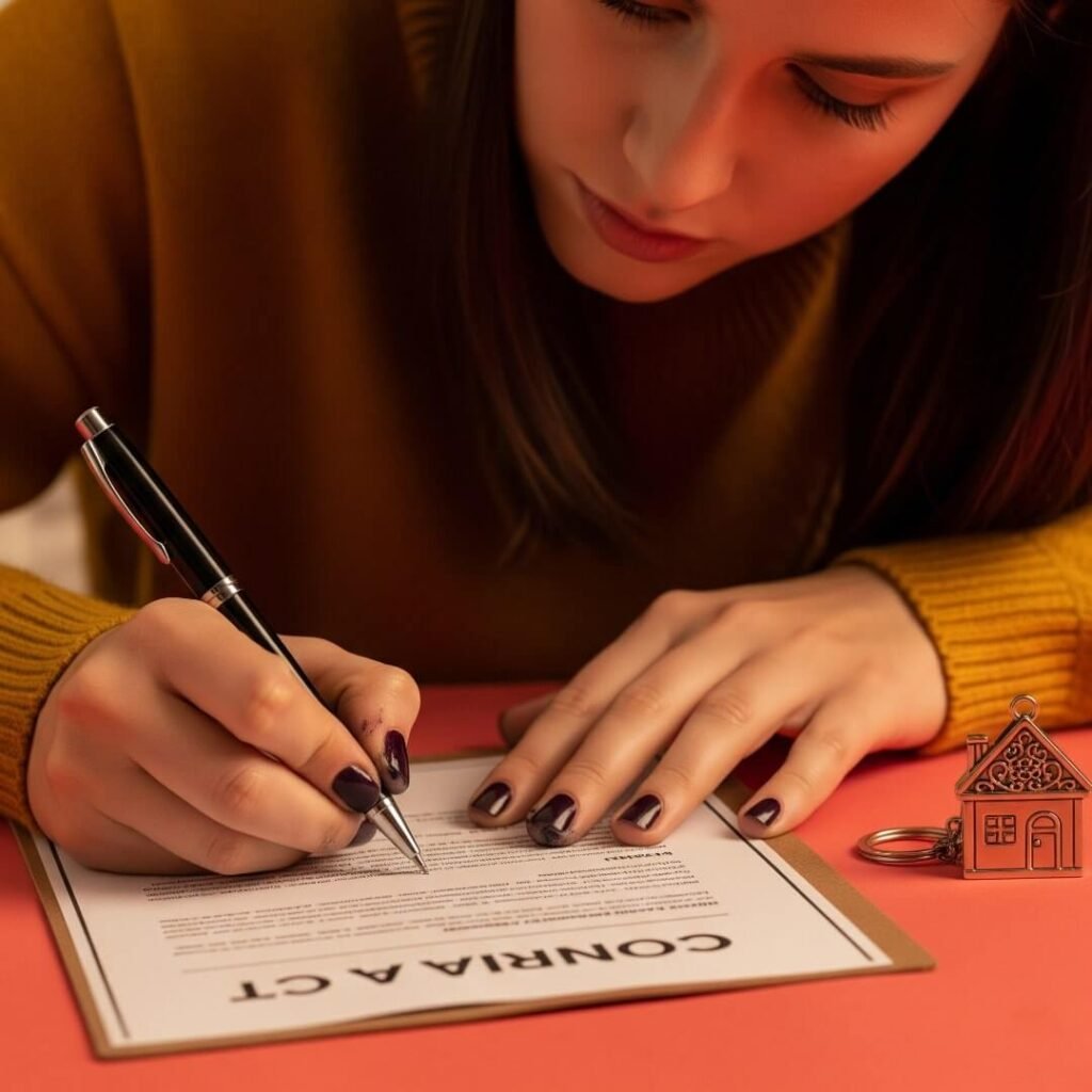 A close-up image of a woman signing a contract, with ink smudges on her fingers.