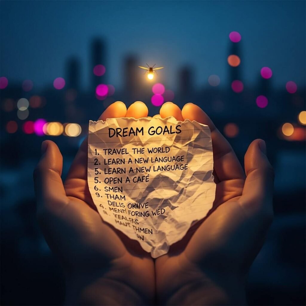 Hands holding a crumpled list of dream goals with a glowing firefly.