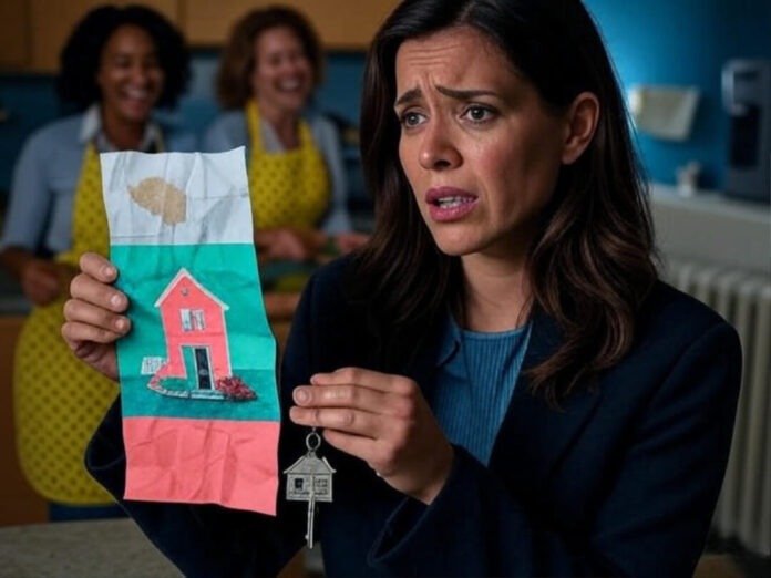 Shaky hands hold crumpled pamphlet, keychain dangles; women laugh in vibrant kitchen.