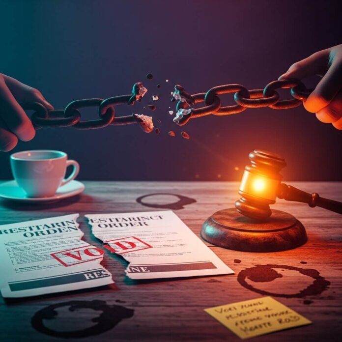 Torn restraining order, broken chain, glowing gavel on a messy desk.