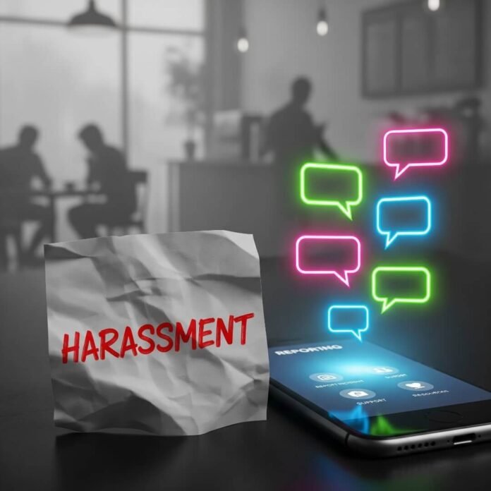 Scrunched sticky note "harassment," phone with reporting app, blurred coffee shop, neon bubbles.