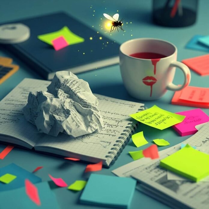 Messy desk with notebook, coffee, sticky notes, and a glowing firefly.