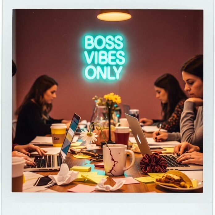 Polaroid of women working in a messy co-working space with a neon sign.