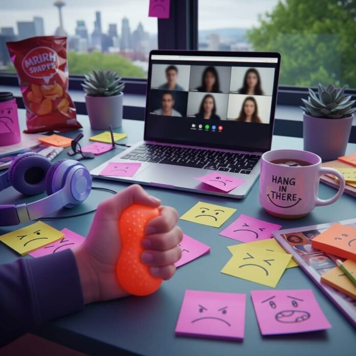 Cluttered desk with laptop on Zoom, stress ball, and "Hang in There" mug.