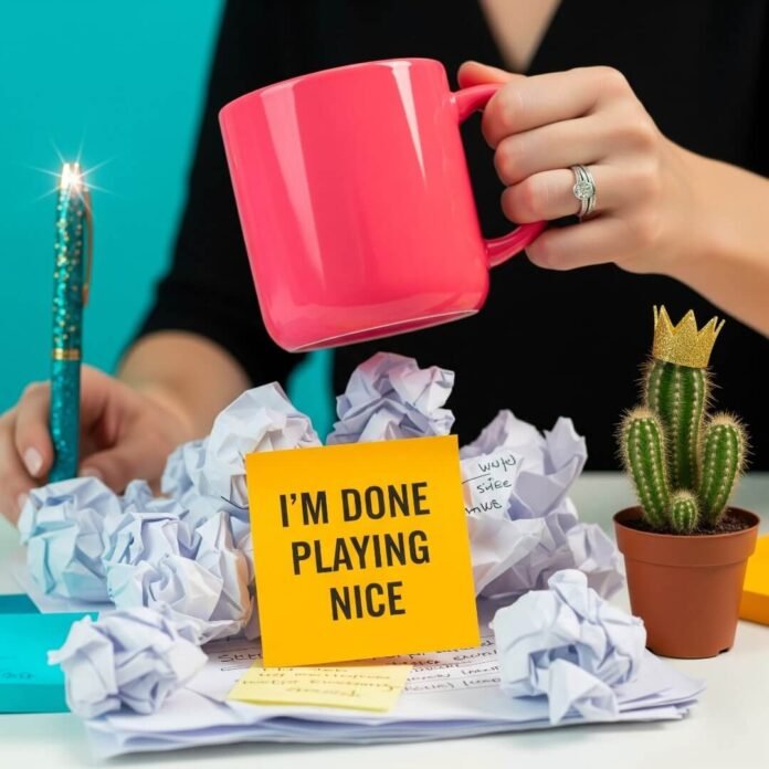 A vibrant desk scene: hand slamming a neon-pink mug on crumpled papers.