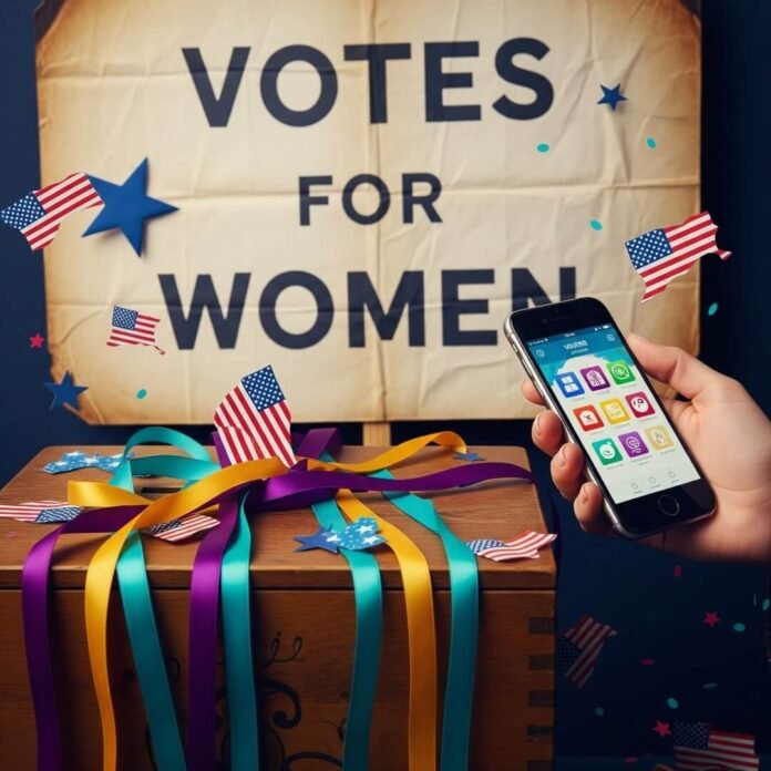 Old ballot box, phone with voting app, suffragette sign, confetti.
