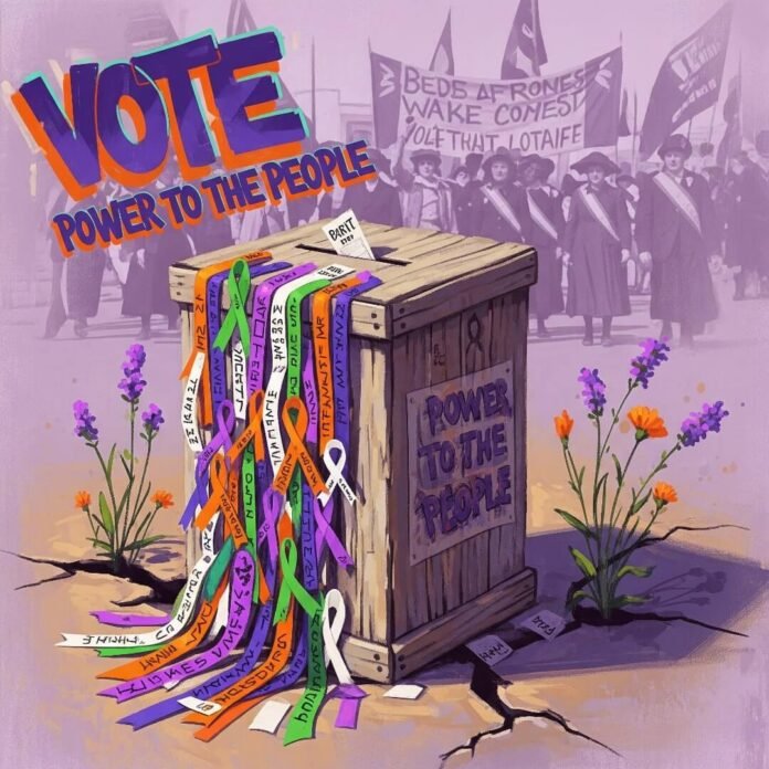 An artistic rendering of a ballot box overflowing with ribbons against a suffragist march.