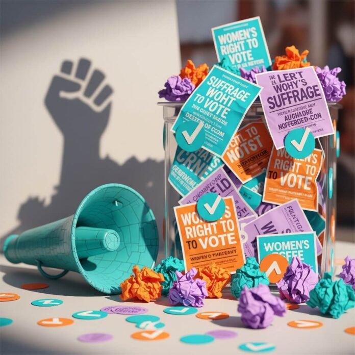 A ballot box overflowing with suffrage flyers, a megaphone, and checkmark confetti.