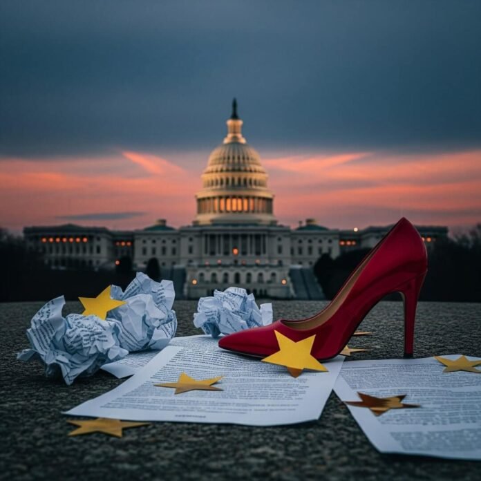 Capitol dome at dusk with a red high heel and crumpled papers.