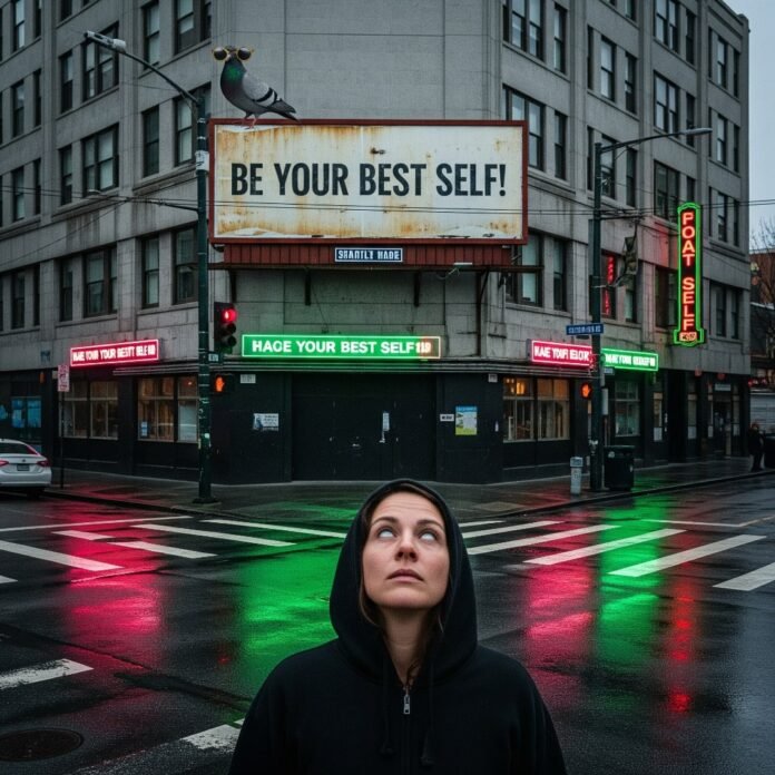 Woman rolls eyes at "Be Your Best Self!" billboard, pigeon in sunglasses.