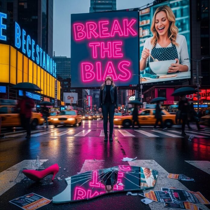 A person stands on a city street, looking up at a "Break the Bias" billboard.