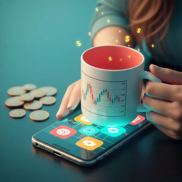 Smartphone with investment apps, hand holding stock chart mug, scattered coins.