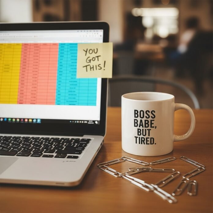 A laptop, mug, and paperclips on a table, with a "You Got This!" note.