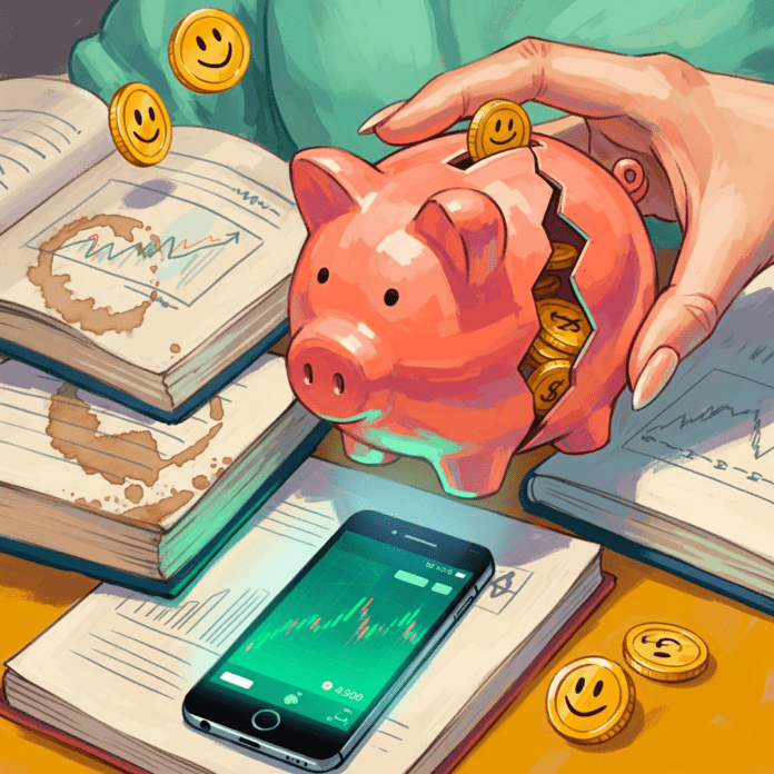 A woman's hand holds a cracked piggy bank with coffee-stained books.