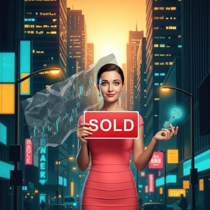 Woman holding a "Sold" sign in a vibrant cityscape, with a crumpled stock graph.